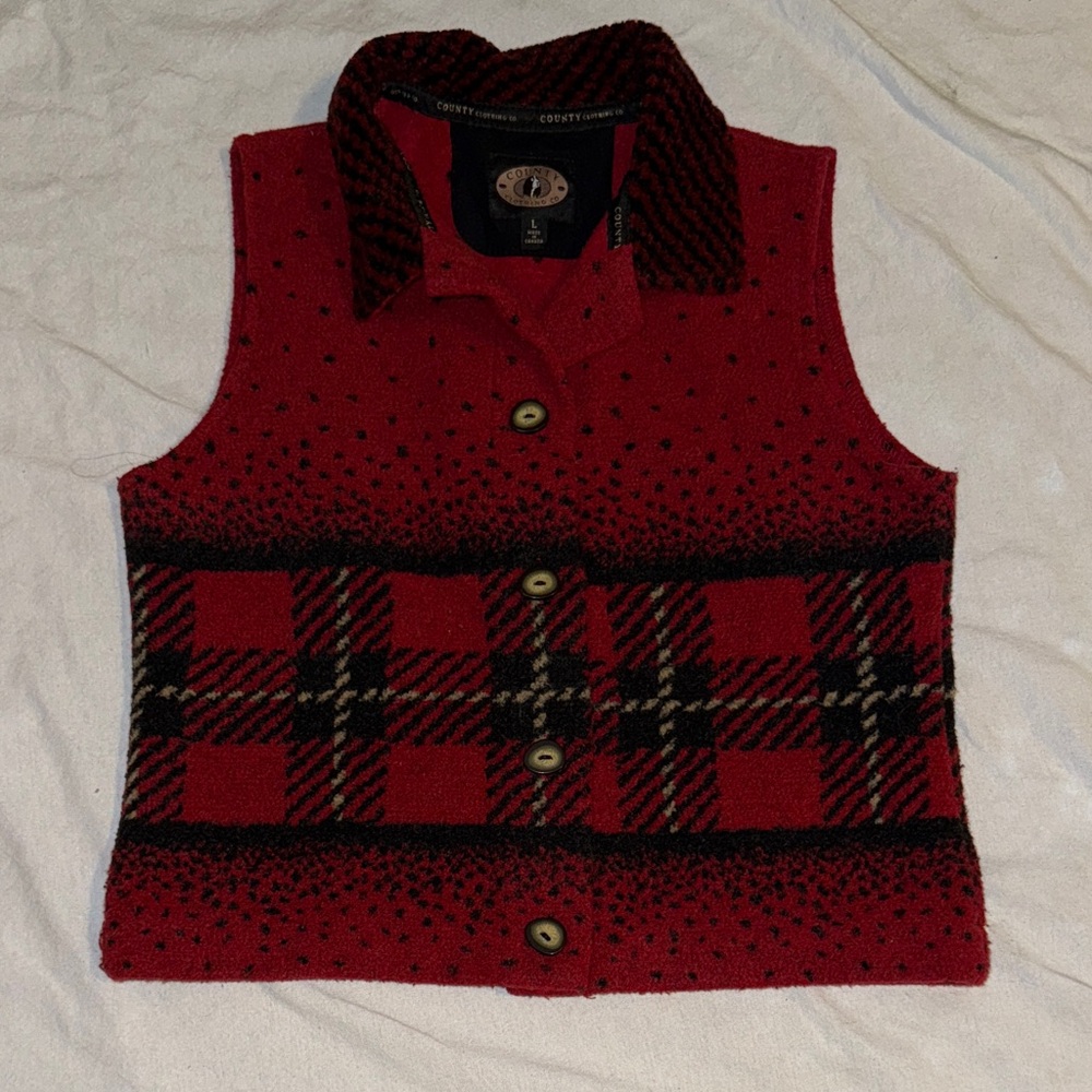 CabinCore: County Clothing CO: Red and Black Plaid Women's Vest SZ L